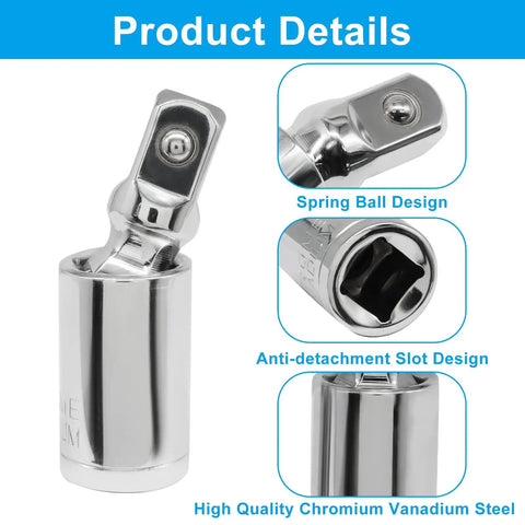 Universal Joint Socket Set 3-Piece For 1/4 In, 3/8 In, And 1/2 In Drives, Built Tough With Chrome Vanadium Steel, Rust-Resistant Finish, Spring-Loaded Locking Ball, Smooth Swivel Action For Hard-To-Reach Angles And Quick Reliable Access. chrome vanadium steel universal joint socket with spring ball and anti-detachment slot