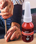 Red Thread Locker Gel For All Fasteners And Nuts, Ultra Strong Anaerobic Adhesive That Prevents Loosening From Vibration, Stops Rust, 10ml next to person using screwdriver