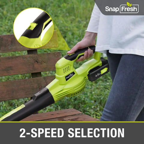 Person using 20V Cordless Leaf Blower With 2Ah Battery And Fast Charger, lightweight design, showing two speed modes.