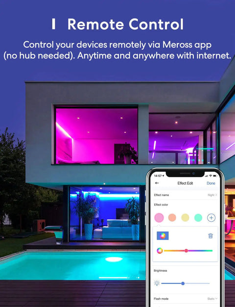 Smart LED Strip Lights, 16.4ft WiFi RGB Color Changing Strip With App Control illuminating a modern home exterior with pool.