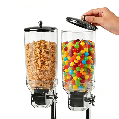 Boss Level Stainless Steel Cereal Dispenser Massive Capacity Countertop Dry Goods Container For Bulk Nuts Candy Coffee Beans Fast Serve Built Tough No Clutter Dual Chamber Setup with cereal and candy.