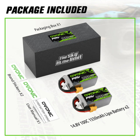 4S 14.8V 1550mAh 100C LiPo Battery With XT60 Connector For RC FPV Racing Drones Quads 2 Pack Soft Case packaging