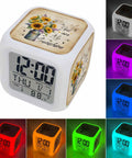 Slick Farmhouse Sunflower Bee Cube Digital Alarm Clock showing time, date, and temperature with color-changing nightlight feature.