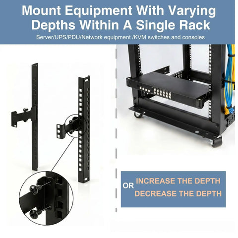 Heavy Duty 2U Server Rack Depth Extender Kit Rock Solid 4 Inch Deep Recess Mount Adapter on server rack for mounting equipment.
