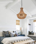 Rustic Hemp Rope Pendant Light With Handwoven Shade 3 Light Vintage Style Chandelier in cozy bedroom setting