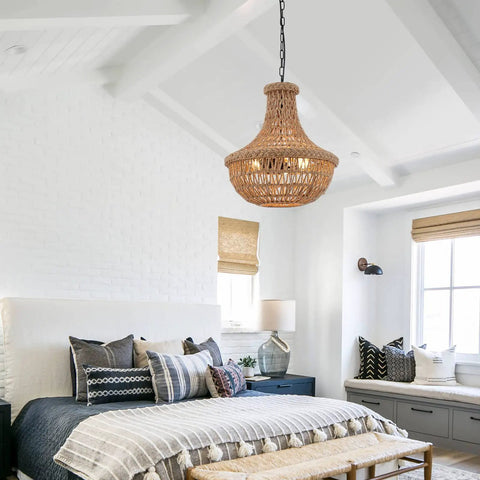 Rustic Hemp Rope Pendant Light With Handwoven Shade 3 Light Vintage Style Chandelier in cozy bedroom setting