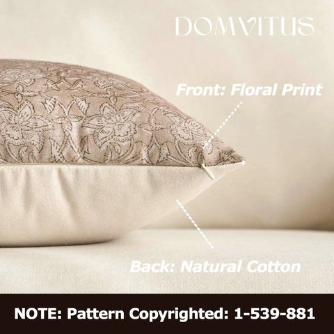 Floral Throw Pillow Cover 18x18 Inch One Sided Front Floral Print Back Plain Cotton for Couch Sofa Bed Living Room Neutral Camel Decor Vintage Block Print Accent Pillow Cover for Modern Home, floral front and cotton back