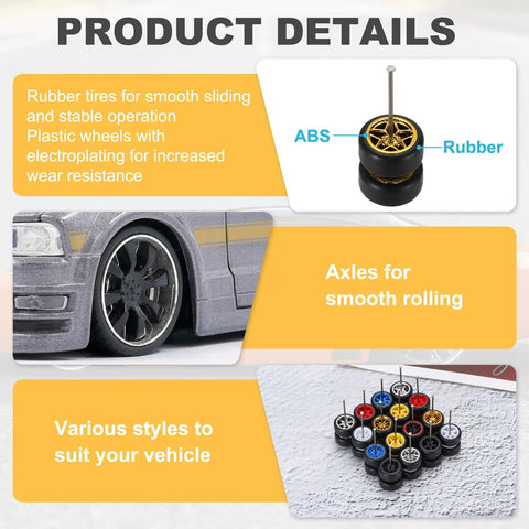Five Pack One Sixty Fourth Scale Wheels And Tires Set with various color rims for RC Diecast Car DIY Projects