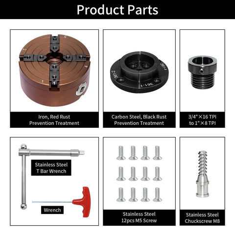 SIIIXS 4-Inch wood lathe chuck set with 1x8TPI thread and 3/4x16TPI adapter; includes stainless T-bar wrench and screws.