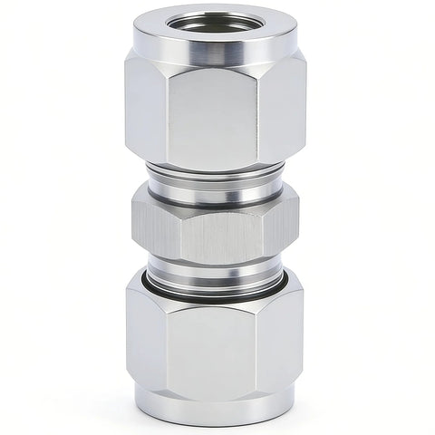 Lophtnix 304 stainless steel compression tube fitting union with double ferrules, 3/8 in OD x 3/8 in OD, front view