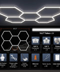Hexagon LED Garage Light 5-HEX 240W 5000K Daylight schematic with installation kit, connectors, and dimensions.