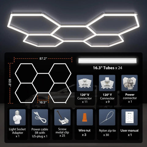 Hexagon LED Garage Light 5-HEX 240W 5000K Daylight schematic with installation kit, connectors, and dimensions.