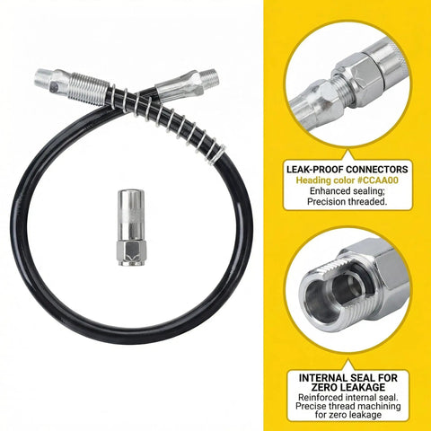 18 Inch Resin Spring Flex Hose For Grease Gun, 10000 PSI High Pressure Quick Release, 1/8 NPT Threads with connectors and seals.
