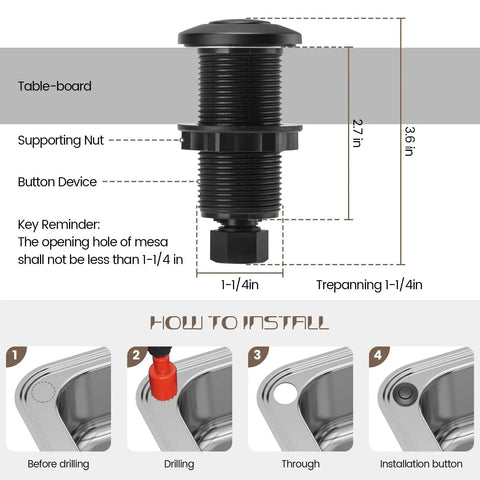Stainless Steel Garbage Disposal Air Switch Kit With Sink Top Button Ultra Thin Design Long Black Finish On Off Air Button No Fuss Install For Food Waste Disposals UL Listed, shown with installation guide and measurements.