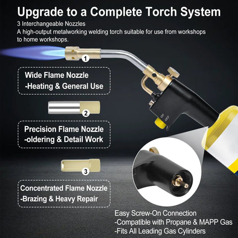 Propane Torch Head Kit With Three Nozzles High Intensity Trigger Start For Soldering Brazing And Welding Map Gas Use Pro