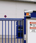 Straight Up Heavy Duty Electric Hazard Warning Sign 8X12 Inch Metal Tin Plate For Multi Circuit Breakers And Dangerous Voltage Lines In Industrial Workshops And Factories Built Tough For Indoor Outdoor Safety Checks A Must Have Shop Staple mounted on a security wall with surveillance camera.
