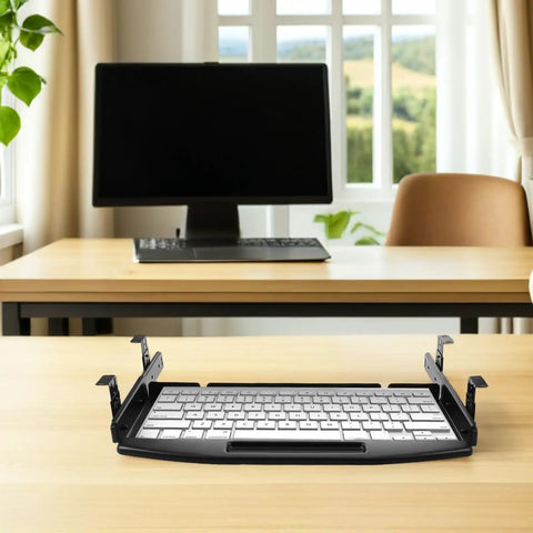 Ergonomic Under Desk Keyboard Tray With Slick Slide Out Gliding Platform And Contoured Wrist Support Plus Hidden Cable Routing For Serious Typing Comfort And A Neat Workspace Setup on a wooden desk.