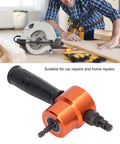 Double Head Sheet Metal Cutter Nibbler Tool With 360 Degree Adjustable Heads shown with electric attachment and handle.