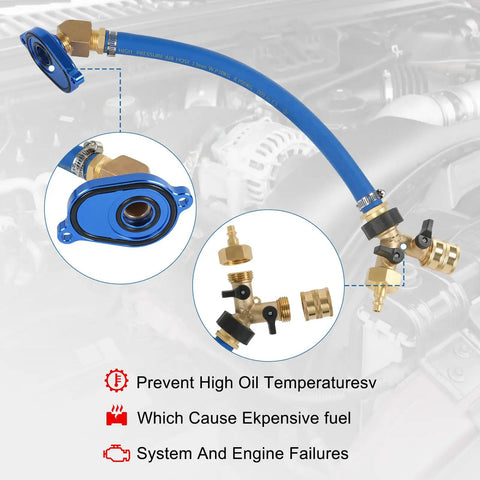 Close-up of 6.0L Oil Cooler Flush Kit with T Port and Aluminum Anodized Adapter for Ford 6.0 Diesel 2003-2010.