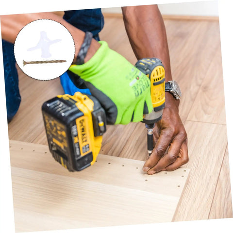 Person using drill with Aircraft Expansion Plug Nails Drywall Repair Kit 100 Pack for wood installation