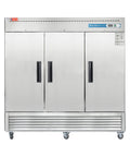 Hella Spacious 72 Cubic Foot Three Door Commercial Reach In Upright Refrigerator With Solid Doors, heavy-duty stainless steel design.