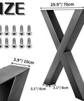 Set Of 2 Industrial Country Style Steel Table Legs For 28 By 30 Inch Tables, X frame with screws and dimensions shown