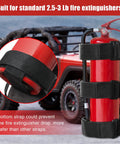 Jeep Fire Extinguisher Mount Holder With Roll Bar Strap Non Slip Carrier for Wrangler with extinguisher in black straps.