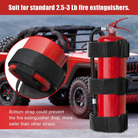Jeep Fire Extinguisher Mount Holder With Roll Bar Strap Non Slip Carrier for Wrangler with extinguisher in black straps.