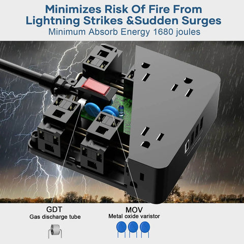 Go-To Universal Travel Power Adapter With 12 Wide-Spaced Outlets On Three Sides, internal surge protector components shown