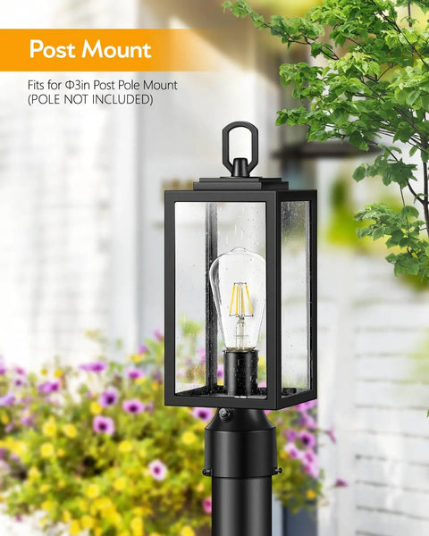 Hardwired 120V Dusk To Dawn Outdoor Post Light Black Exterior Lantern With Pier Mount Base, garden background
