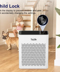 Large Room Air Purifier With HEPA H13 Filtration And Washable Filter in living room with child and dog, child lock feature.