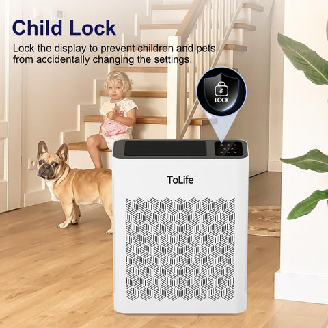 Large Room Air Purifier With HEPA H13 Filtration And Washable Filter in living room with child and dog, child lock feature.
