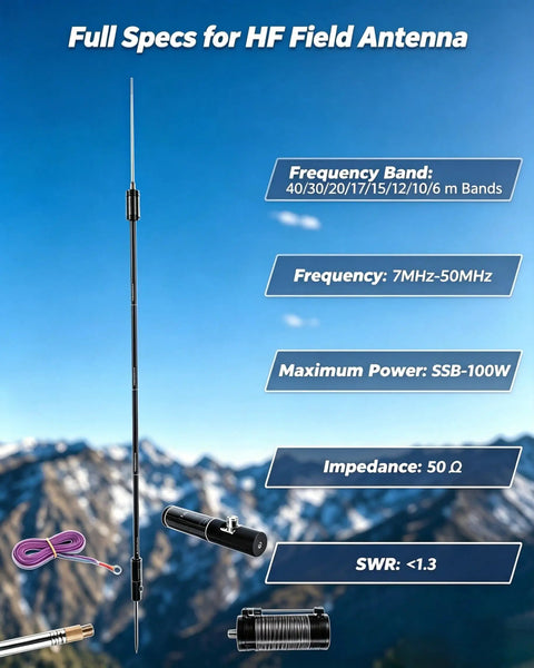 Multiband HF Antenna for Ham Radio 7 to 50 MHz Eight Band Vertical Antenna With Low SWR Under 1.1 Across All Bands against a mountain backdrop.