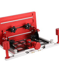 Adjustable Woodworking Backer Clamp for Table Saw with red heavy-duty aluminum back plate holder for pro grade board work.
