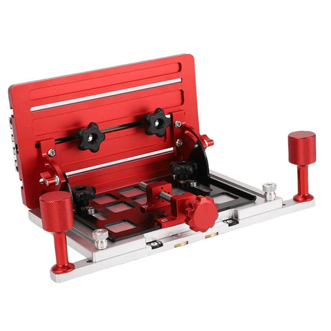Adjustable Woodworking Backer Clamp for Table Saw with red heavy-duty aluminum back plate holder for pro grade board work.