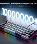 65 Percent Compact Backlit Gaming Keyboard For PC And Windows Laptops, 68 Keys Membrane Wired Keyboard With Anti Ghosting, No Numpad, Separate Arrow Keys, Ultra Portable And Built For Casual And Pro Gamers showcased on a desk with glowing key lifespan text.