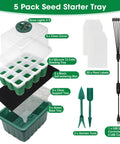 Self Watering Seed Starter Tray With 8 LED Grow Light Reusable 60 Cell Germination Kit With Humidity Dome Silicone Seedling Trays For Seeding And Growing 5 Pack No Fuss showcasing parts and accessories