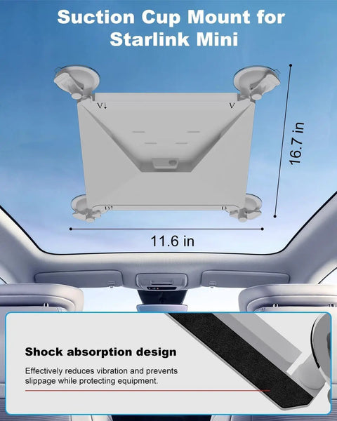 Hella Secure Starlink Mini Suction Cup Mount For Cars And Rvs With Heavy Duty Glass Suction Cups Non Slip Silicone Pads To Crush Bumpy Trails And Keep Your Setup Locked Down White, showing dimensions and shock absorption design.