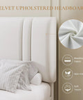 Close-up of the adjustable channel tufted headboard on King Size Velvet Bed Frame With Adjustable Channel Tufted Headboard In Chic White Upholstery For Stylish Bedroom Setup And Laid Back Living Vibes All Day.