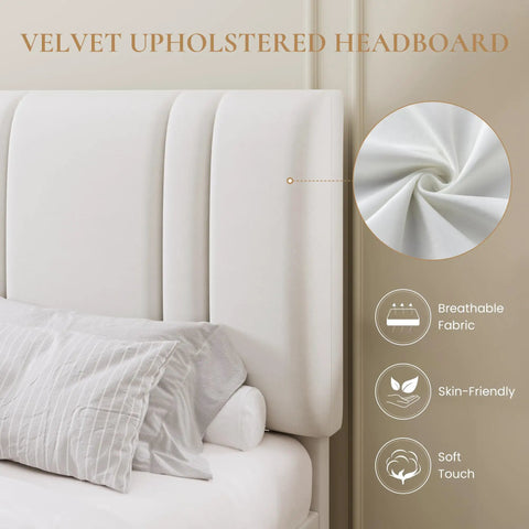 Close-up of the adjustable channel tufted headboard on King Size Velvet Bed Frame With Adjustable Channel Tufted Headboard In Chic White Upholstery For Stylish Bedroom Setup And Laid Back Living Vibes All Day.
