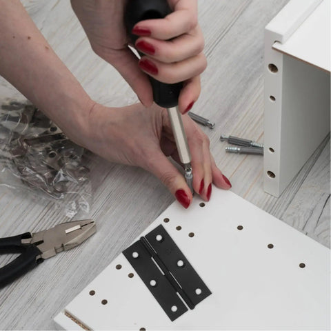 Installing Black Stainless Steel Small Cabinet Door Hinges Set Ten Pack With Screws on white wooden cabinet