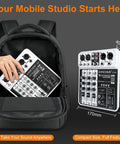 Compact 4 Channel DJ Mixer With Bluetooth And USB MP3 Input 48V Phantom Power fits into backpack for mobile use.