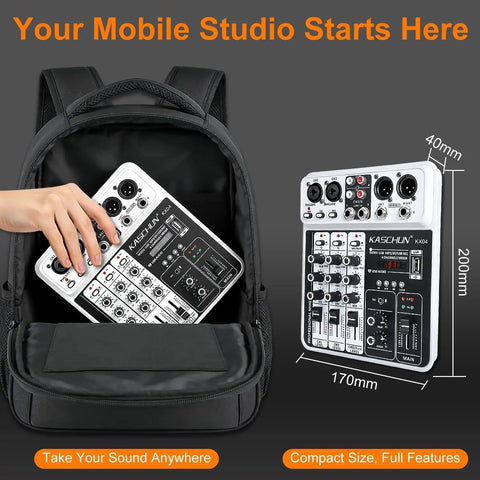 Compact 4 Channel DJ Mixer With Bluetooth And USB MP3 Input 48V Phantom Power fits into backpack for mobile use.