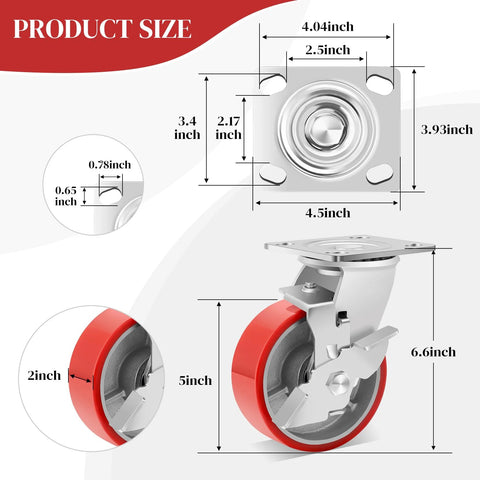 Heavy Duty 6 Inch Plate Caster Wheels 2400 Lbs Total Load Silent Polyurethane On Steel Hub For Tool Carts And Workbenches