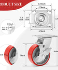 Product dimensions of 5 Inch Industrial Casters with low noise polyurethane wheels on steel hubs, heavy-duty 1000 lbs capacity.