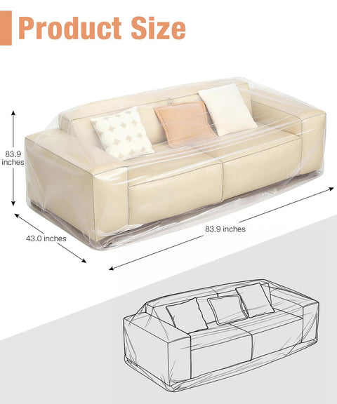 Extra Thick 4Mil Clear Furniture Cover For Sofa Sectional Loveseat And Outdoor Furniture Dust Proof Waterproof Moving Storage Bags 84 Inch H 43 Inch W 84 Inch D Large Size covering a sofa with dimensions.