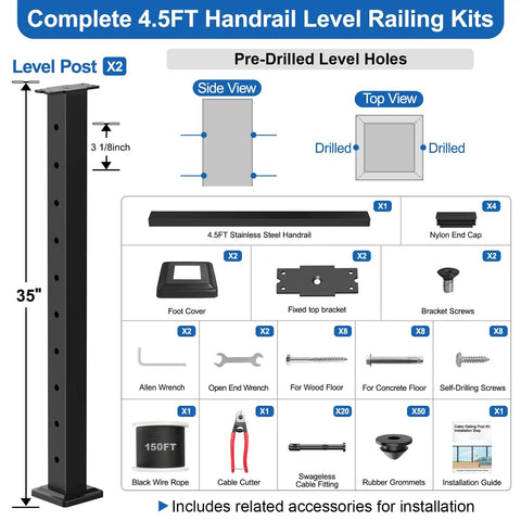 Surface Mount Cable Railing Kit With Black T316 Stainless Steel Rope Flat Top Posts And Swageless Fittings For Straight Up Solid Deck Guardrails No Sweat Heavy Duty DIY Installation 35 inch level post with hardware and tools included.