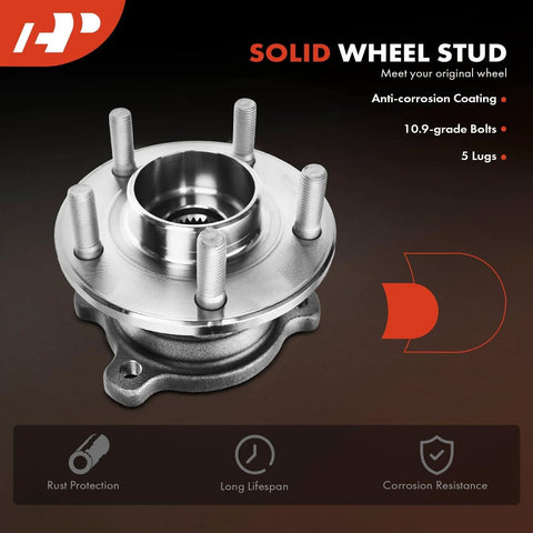 Image of Two Rear Wheel Bearing And Hub Assembly For Ford Escape 2013 2019 And Lincoln MKC 2015 2019 AWD Only With 5 Lug Heavy Duty Set Direct Fit Replacement Keeps Your Ride Smooth And Solid On SUVs, showing a close-up of the shiny metal hub assembly with five lugs.