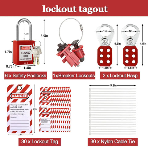 Lockout Tagout Station Kit With 6 Safety Padlocks, 2 Hasps, 2 Small Breaker Locks, 30 Loto Tags, 30 Nylon Ties, Wall Mounted Safety Box