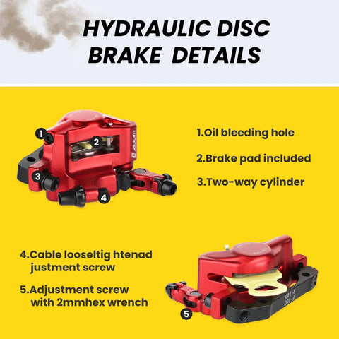 HB-100 Cable-Actuated Hydraulic Disc Brake Caliper Set for MTB, Road and E-Bike Front and Rear Pair With Built-In Brake Oil Upgraded Line-Pull Clamp Red Finish for Fast, Smooth Stopping, red aluminum caliper detail